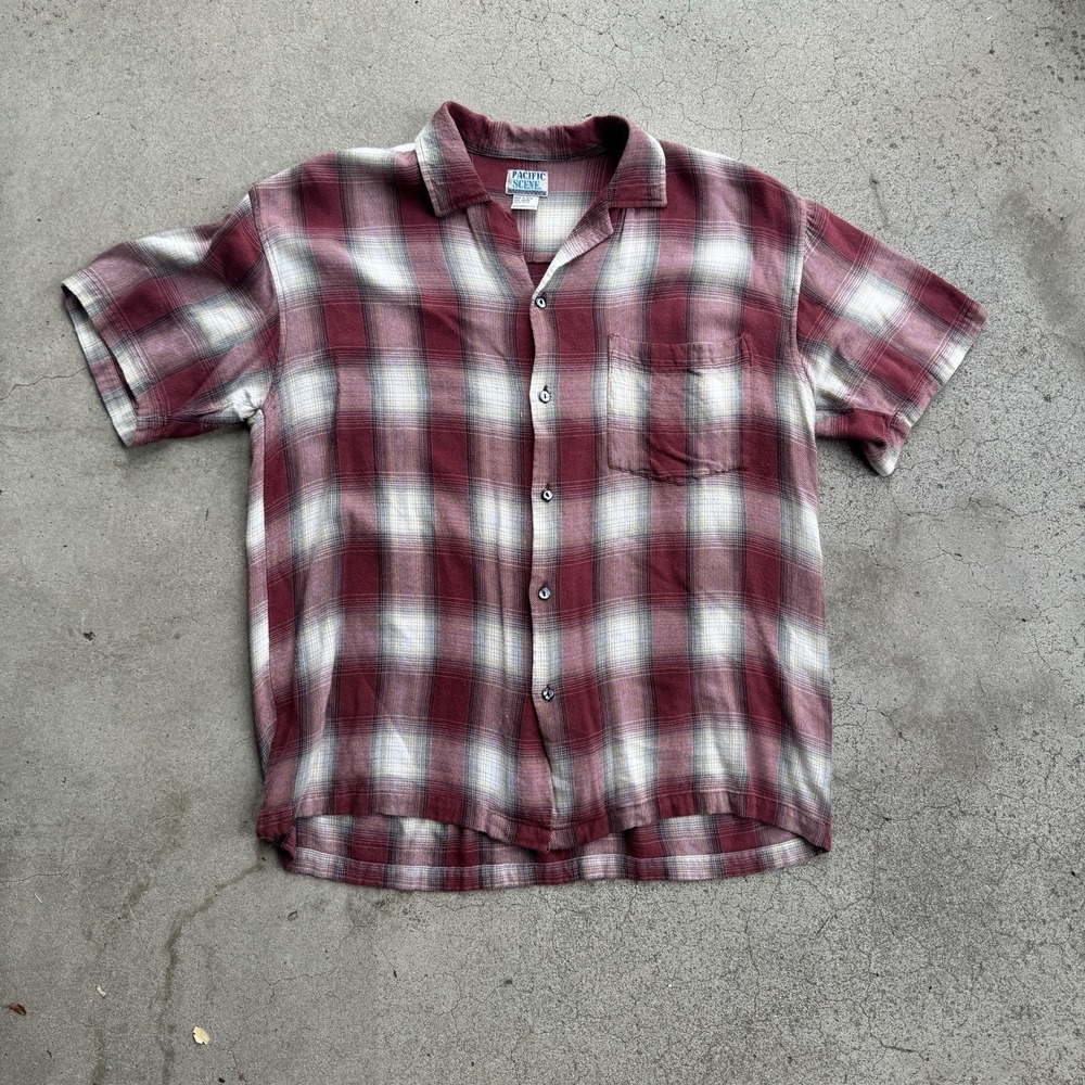 Vintage Rayon Shadow Plaid Shirt Shirt Red 90s Pacific Scene Medium